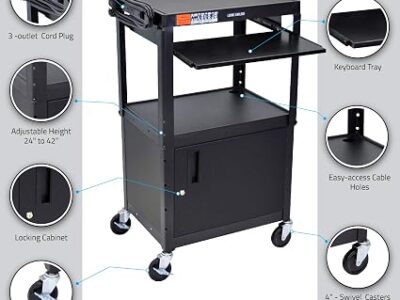 Luxor Adjustable Height Metal Cart Pullout Keyboard Tray and Cabinet – Black1