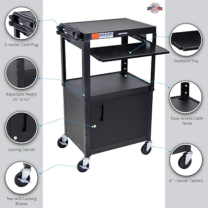 Luxor Adjustable Height Metal Cart Pullout Keyboard Tray and Cabinet – Black1