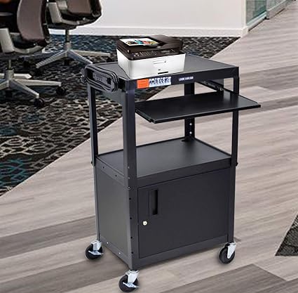 Luxor Adjustable Height Metal Cart Pullout Keyboard Tray and Cabinet – Black4