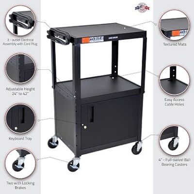 Luxor Adjustable Height Steel AV Cart – Cabinet – Black