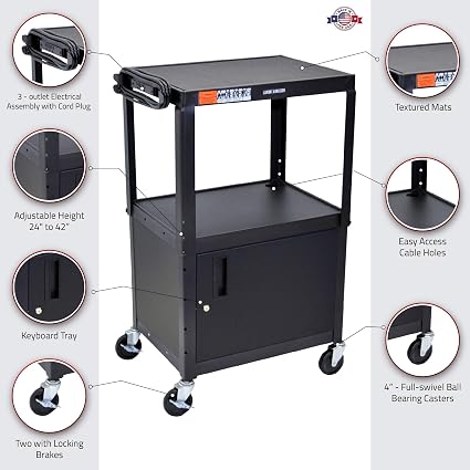 Luxor Adjustable Height Steel AV Cart – Cabinet – Black