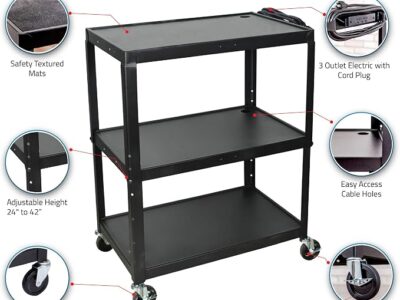 Luxor Extra Large Adjustable Height Steel AV Cart – Three Shelves – Black