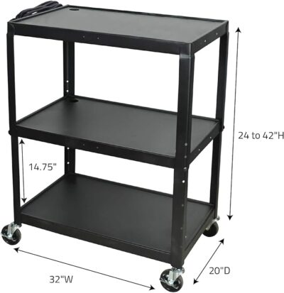 Luxor Extra Large Adjustable Height Steel AV Cart – Three Shelves – Black1 Luxor Extra Large Adjustable Height Steel AV Cart – Three Shelves – Black1
