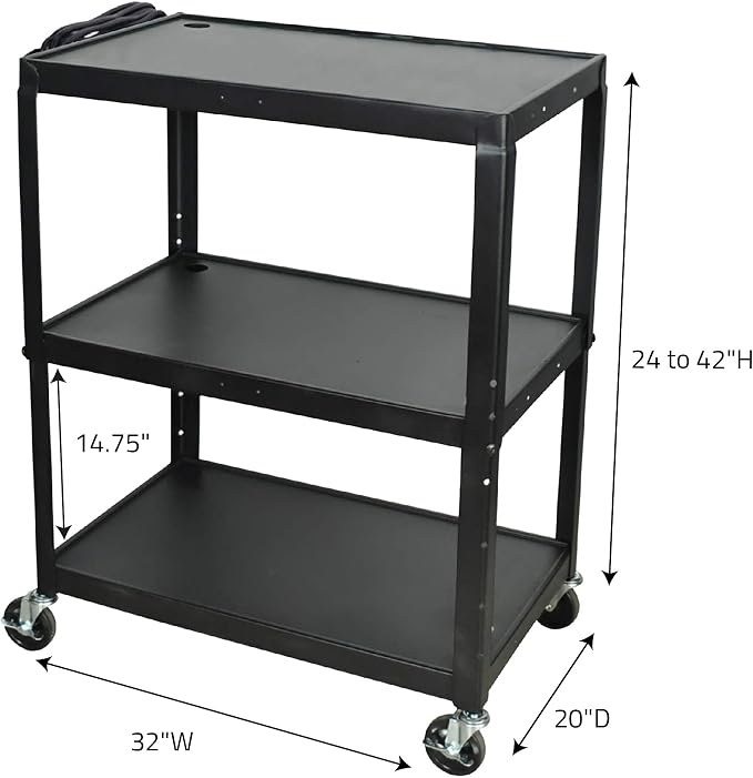 Luxor Extra Large Adjustable Height Steel AV Cart – Three Shelves – Black1 Luxor Extra Large Adjustable Height Steel AV Cart – Three Shelves – Black1