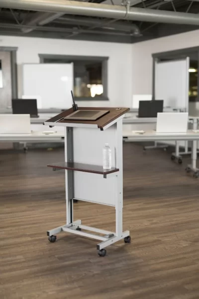 lx-adj-dw_mobile-adjustable-height-lectern-podium-two-shelf-dark-walnut-office-environment_1 Luxor Rolling Adjustable-Height Podium - Gray