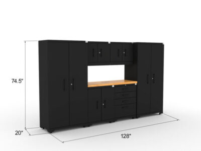CAT garage storage cabinet set with 2 lockers, 2 wall cabinets, 1 base cabinet, 1 tool cabinet and 56 inch worktop