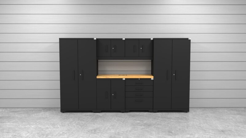 CAT FWSETP mode de vie Ensemble de rangements de garage CAT avec 2 casiers, 2 armoires murales, 1 armoire basse, 1 armoire à outils et plan de travail de 56 pouces