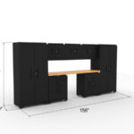 CAT garage storage cabinet set with 2 lockers, 3 wall cabinets, 1 base cabinet, 1 tool cabinet and 84 inch worktop