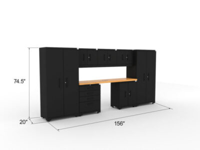 CAT garage storage cabinet set with 2 lockers, 3 wall cabinets, 1 base cabinet, 1 tool cabinet and 84 inch worktop