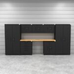 CAT garage storage cabinet set with 2 lockers, 3 wall cabinets, 1 base cabinet, 1 tool cabinet and 84 inch worktop