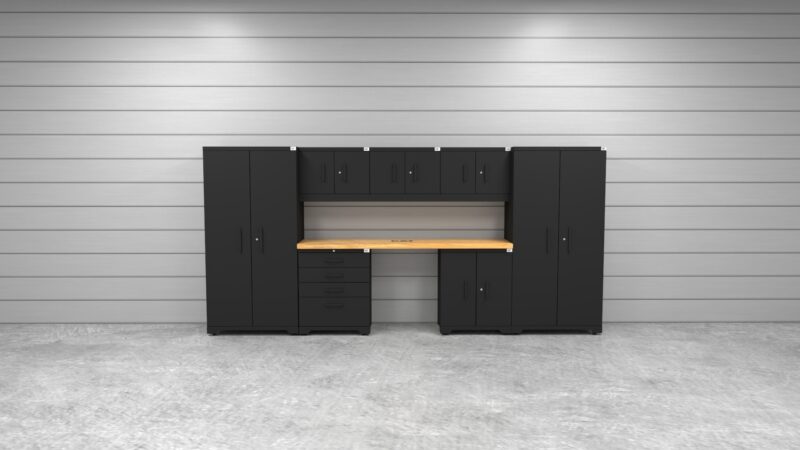 CAT FWSETX lifestyle CAT garage storage cabinet set with 2 lockers, 3 wall cabinets, 1 base cabinet, 1 tool cabinet and 84 inch worktop