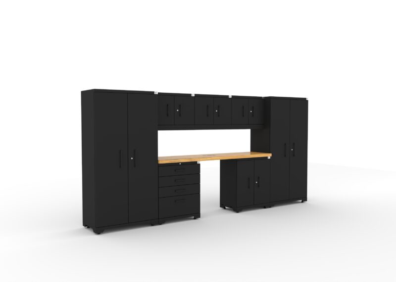 CAT FWSETX right CAT garage storage cabinet set with 2 lockers, 3 wall cabinets, 1 base cabinet, 1 tool cabinet and 84 inch worktop