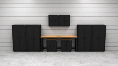 CAT garage storage cabinets with 4 lockers, 2 wall cabinets and 2 base cabinets