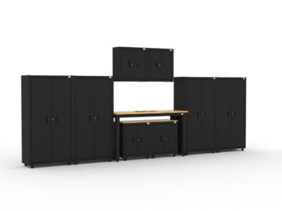 Armoires de rangement pour garage CAT avec 4 casiers, 2 armoires murales et 2 armoires de base
