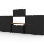 Armoires de rangement pour garage avec 4 casiers, 2 armoires murales, 1 armoire basse, 1 armoire basse avec tiroirs et établi de 72 pouces