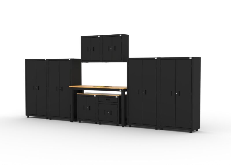 CAT RTASETO left Garage storage cabinets with 4 lockers, 2 wall cabinets, 1 base cabinet, 1 drawer-base cabinet and 72 inch workbench