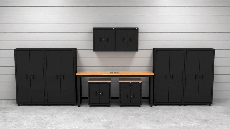 CAT RTASETO lifestyle Garage storage cabinets with 4 lockers, 2 wall cabinets, 1 base cabinet, 1 drawer-base cabinet and 72 inch workbench