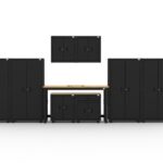 Armoires de rangement pour garage avec 4 casiers, 2 armoires murales, 1 armoire basse, 1 armoire basse avec tiroirs et établi de 72 pouces