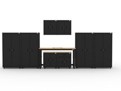 Garage storage cabinets with 4 lockers, 2 wall cabinets, 1 base cabinet, 1 drawer-base cabinet and 72 inch workbench