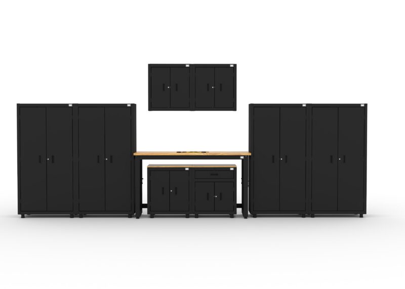 CAT RTASETO main Garage storage cabinets with 4 lockers, 2 wall cabinets, 1 base cabinet, 1 drawer-base cabinet and 72 inch workbench
