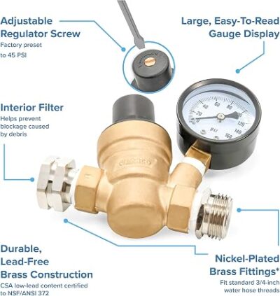 Régulateur de pression d'eau ajustable en laiton Camco Régulateur de pression d'eau ajustable en laiton Camco
