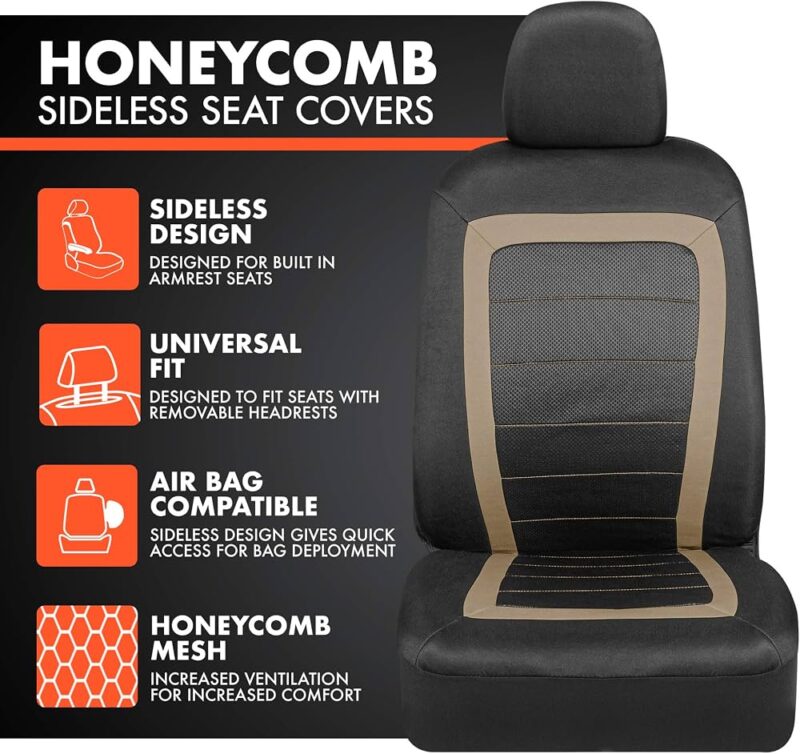 BDK 2 piece Automotive Seat Covers featuring Honeycomb Mesh for Increased Ventilation and Comfort