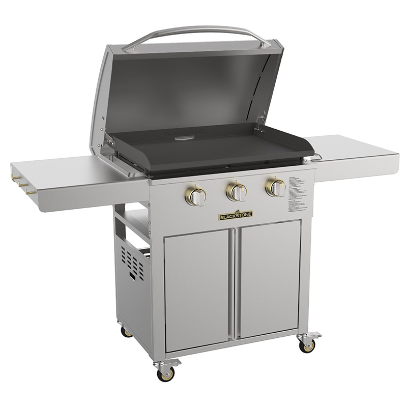 Blackstone 28inch Select Series Griddle with Stainless Steel Cart and Built in Storage (gril de 28 pouces de la série Select avec chariot en acier inoxydable et rangement intégré)