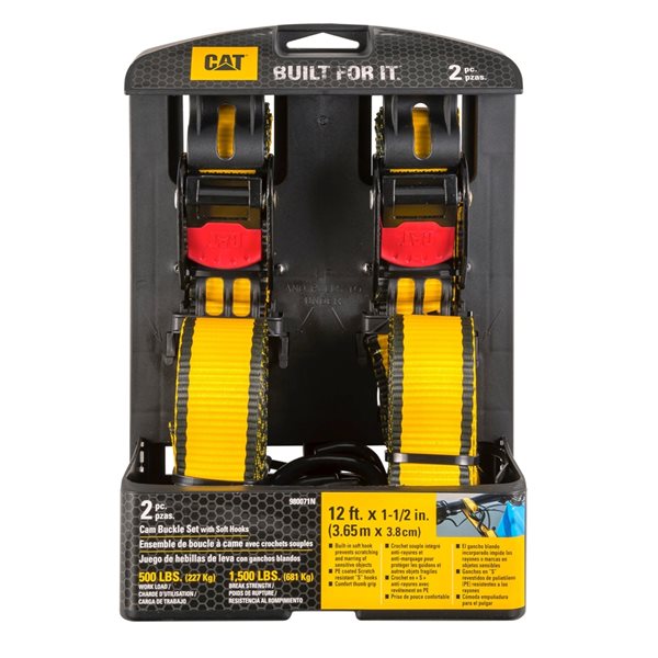 CAT 2 piece 12ft Cam Tie Down with Rubber Coated Hooks 500lb Work Capacity