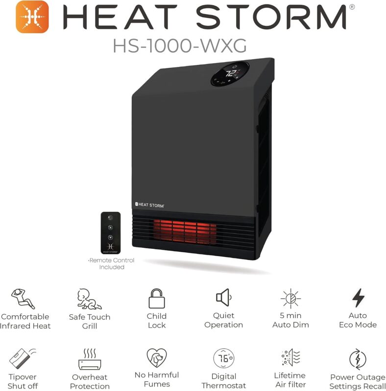Heat Storm 1500W Infrared Quartz Portable Heater with Thermostat and Overheat Protection – Grey