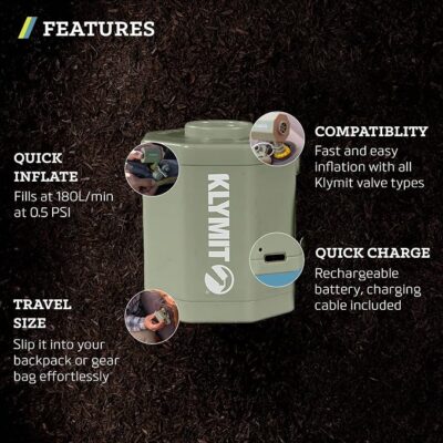 Pompe électrique rechargeable Klymit Tempest compatible avec toutes les valves Klymit