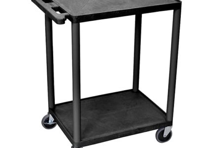 Luxor 2 Shelf Plastic Utility Cart with Flat Shelves 300lb Weight Capacity Black