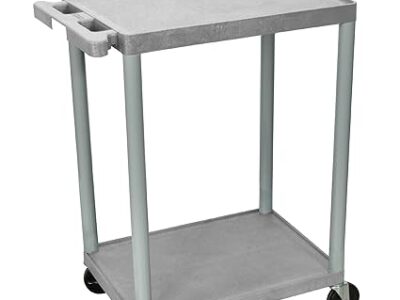 Luxor 2 Shelf Plastic Utility Cart with Flat Shelves 300lb Weight Capacity Grey