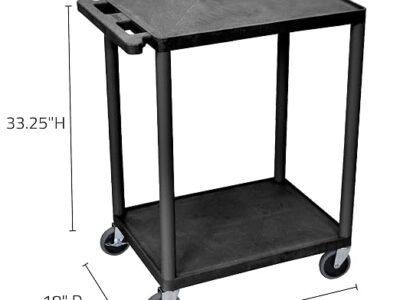 Luxor 2 Shelf Plastic Utility Cart with Flat Shelves – 300lb Weight Capacity – Black