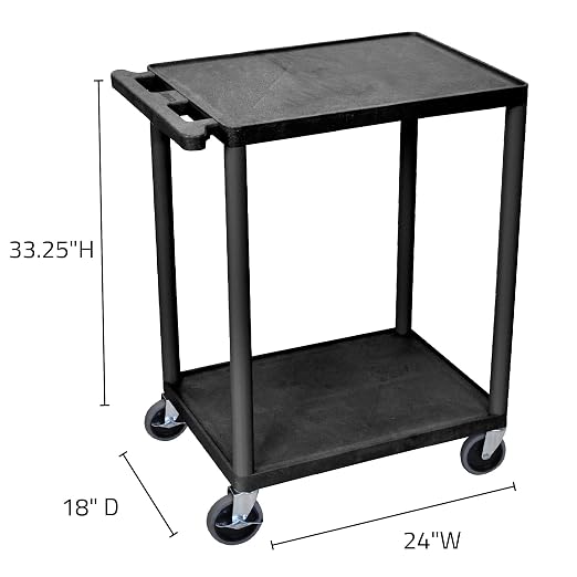 Luxor 2 Shelf Plastic Utility Cart with Flat Shelves – 300lb Weight Capacity – Black