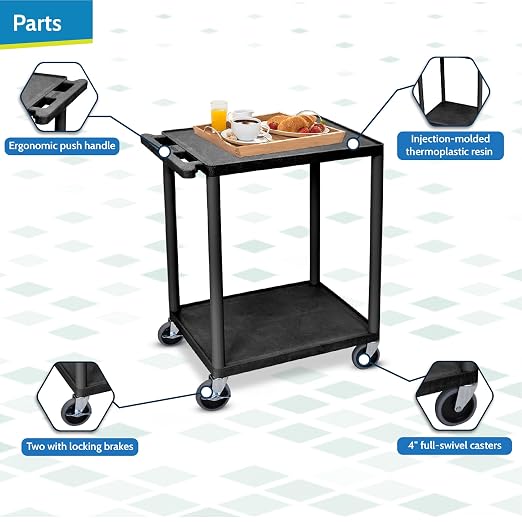 Luxor 2 Shelf Plastic Utility Cart with Flat Shelves – 300lb Weight Capacity – Black1