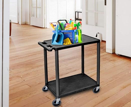 Luxor 2 Shelf Plastic Utility Cart with Flat Shelves – 300lb Weight Capacity – Black3