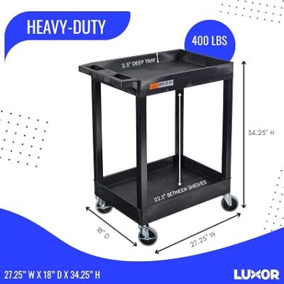 Luxor 2 Shelf Plastic Utility Cart with Spacious Tub Shelves – 300lb Weight Capacity – Black3 Luxor 2 Shelf Plastic Utility Cart with Spacious Tub Shelves – 300lb Weight Capacity – Black3