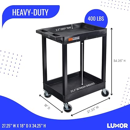 Luxor 2 Shelf Plastic Utility Cart with Spacious Tub Shelves – 300lb Weight Capacity – Black3