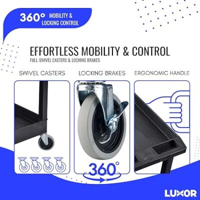 Luxor 2 Shelf Plastic Utility Cart with Spacious Tub Shelves – 300lb Weight Capacity – Black4 Luxor 2 Shelf Plastic Utility Cart with Spacious Tub Shelves – 300lb Weight Capacity – Black4