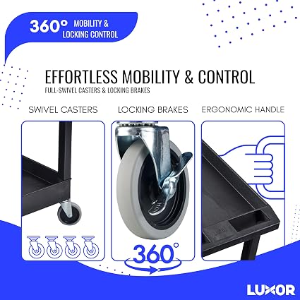 Luxor 2 Shelf Plastic Utility Cart with Spacious Tub Shelves – 300lb Weight Capacity – Black4