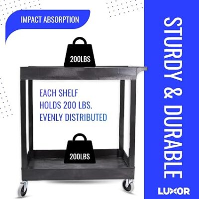 Luxor 2 Shelf Plastic Utility Cart with Spacious Tub Shelves – 300lb Weight Capacity – Black6 Luxor 2 Shelf Plastic Utility Cart with Spacious Tub Shelves – 300lb Weight Capacity – Black6
