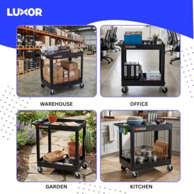 Luxor 2 Shelf Plastic Utility Cart with Spacious Tub Shelves – 300lb Weight Capacity – Black8 Luxor 2 Shelf Plastic Utility Cart with Spacious Tub Shelves – 300lb Weight Capacity – Black8