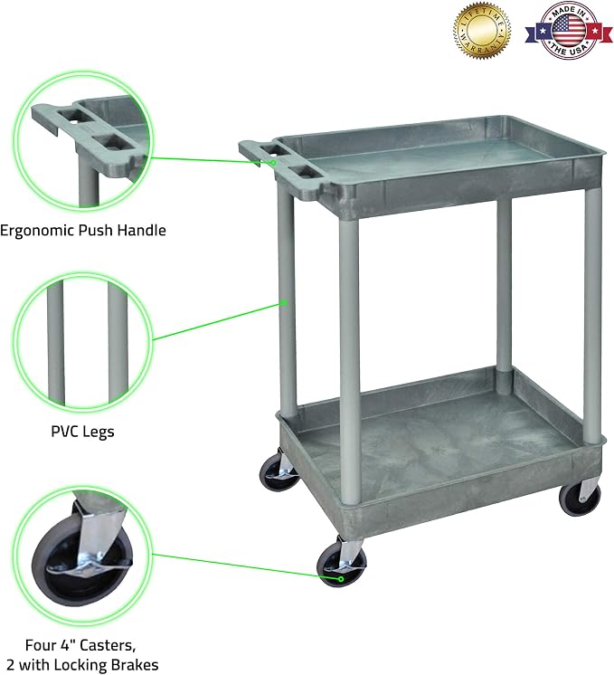 Luxor 2 Shelf Plastic Utility Cart with Spacious Tub Shelves – 300lb Weight Capacity – Grey2