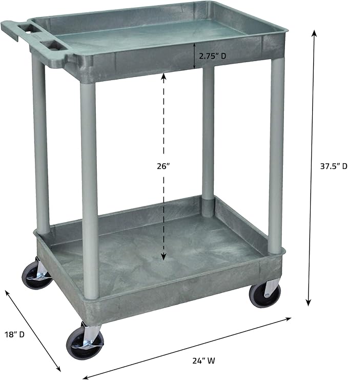 Luxor 2 Shelf Plastic Utility Cart with Spacious Tub Shelves – 300lb Weight Capacity – Grey3