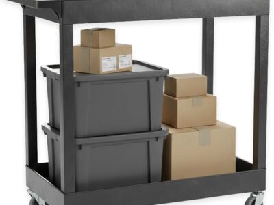 Luxor 2 Shelf Plastic Utility Cart with Spacious Tub Shelves – 400lb Weight Capacity – Black