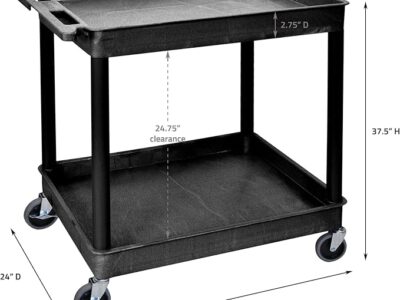 Luxor 2 Shelf Plastic Utility Cart with Spacious Tub Shelves – 400lb Weight Capacity – Black – 32 x 24