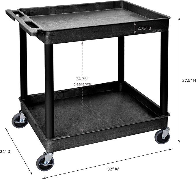 Chariot utilitaire Luxor à 2 tablettes en plastique avec tablettes spacieuses en baignoire – Capacité de poids de 400 lb – Noir – 32 x 24 Chariot utilitaire Luxor à 2 tablettes en plastique avec tablettes spacieuses en baignoire – Capacité de poids de 400 lb – Noir – 32 x 24