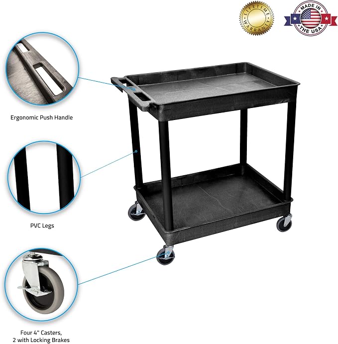 Chariot utilitaire Luxor 2 étagères en plastique avec étagères baignoires spacieuses – Capacité de poids de 400 lb – Noir – 32 x 241 Chariot utilitaire Luxor 2 étagères en plastique avec étagères baignoires spacieuses – Capacité de poids de 400 lb – Noir – 32 x 241