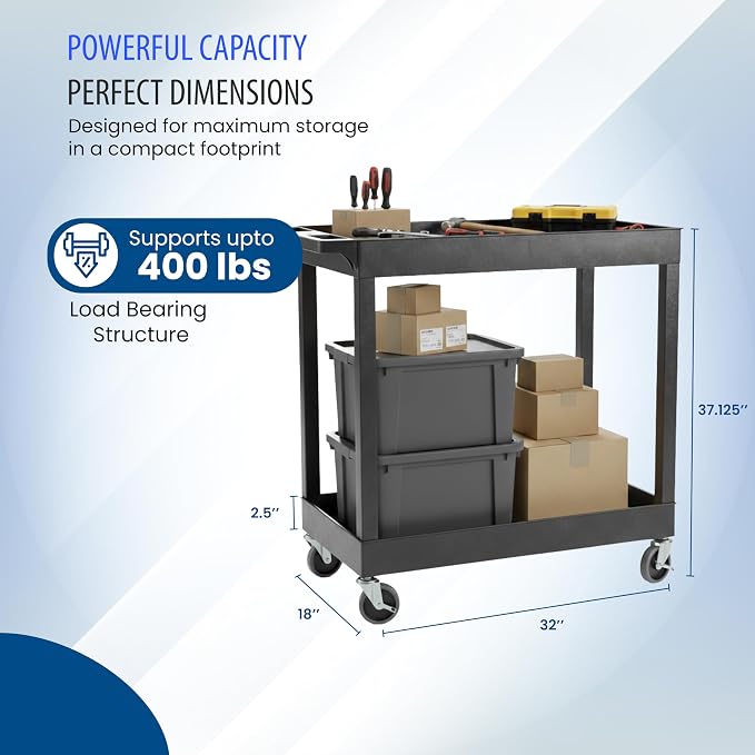 Luxor 2 Shelf Plastic Utility Cart with Spacious Tub Shelves – 400lb Weight Capacity – Black3
