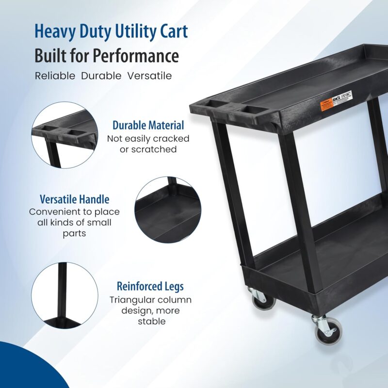Luxor 2 Shelf Plastic Utility Cart with Spacious Tub Shelves – 400lb Weight Capacity – Black5